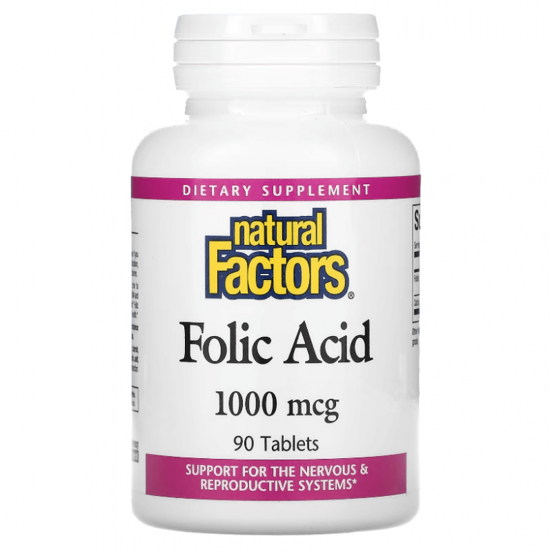 Folic Acid, Natural Factors, 1000 мкг, 90 таблеток