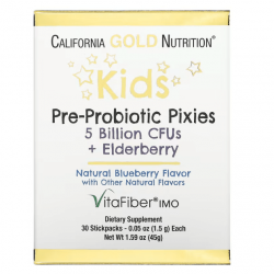 California Gold Nutrition, Kids Pre-Probiotic Pixies, 5 Billion CFUs + Elderberry, Natural Blueberry Flavor, 30 пакетов